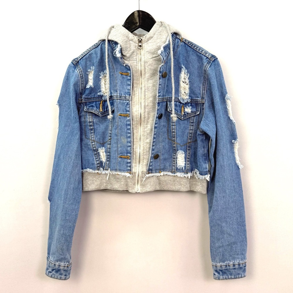 American Bazi Women Blue Distressed Cropped Denim Jacket Layered Hoodie